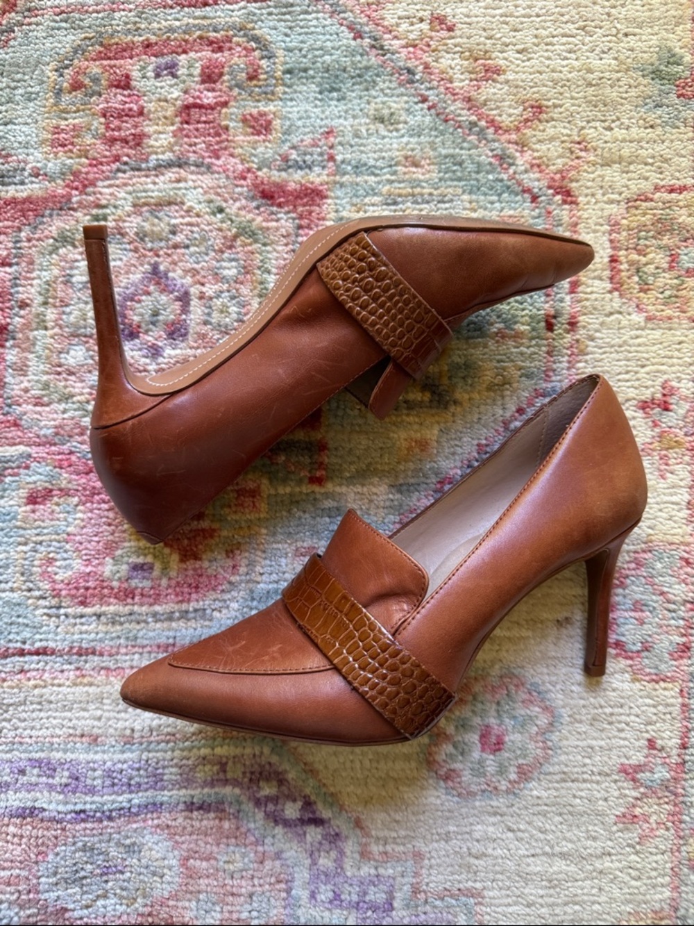 Banana Republic Cognac Pointed-Toe Leather Heels with Croc-Embossed Strap